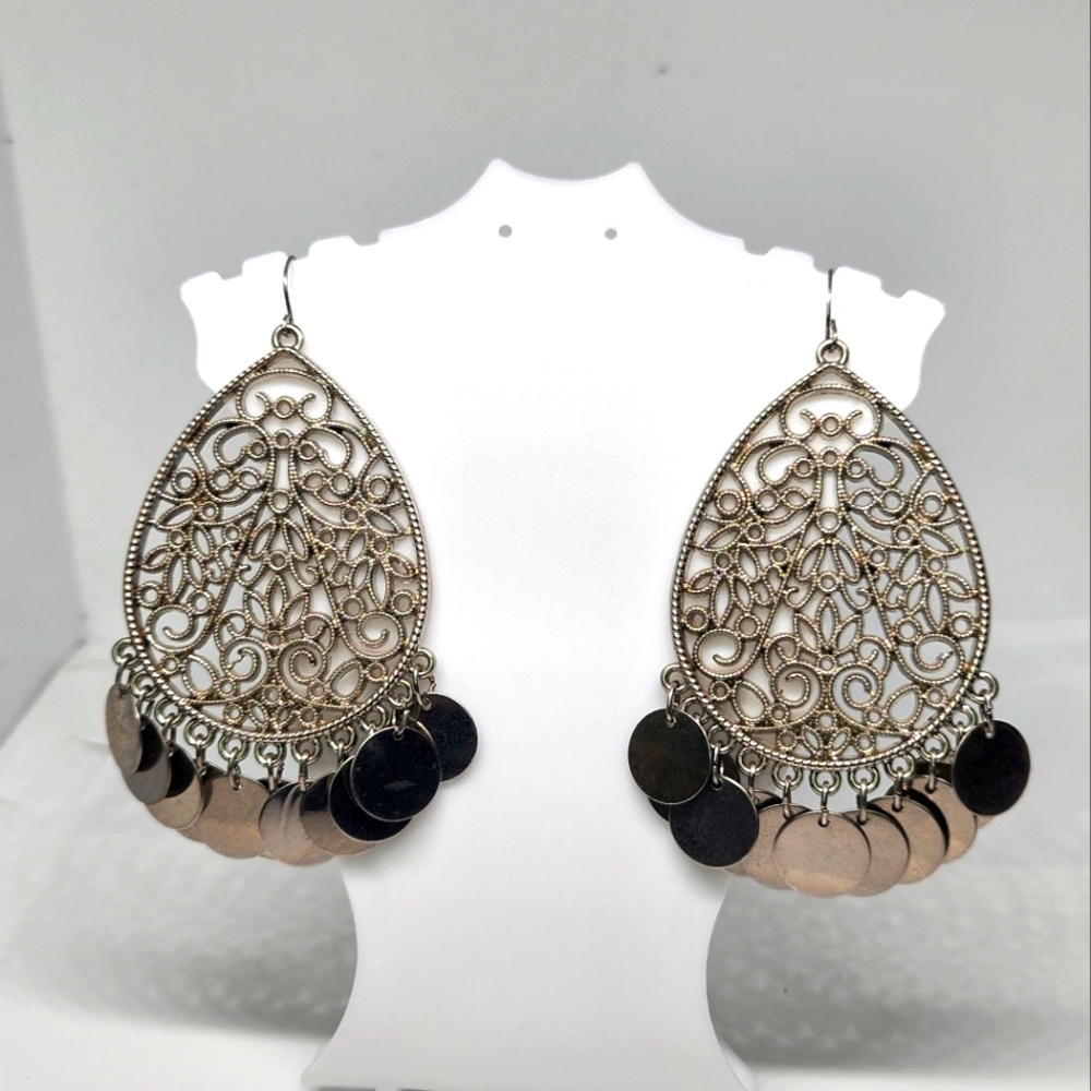 Filigree Silvertone Fringe Heavy Pierced Earrings Dangle Chandelier Boho Floral
